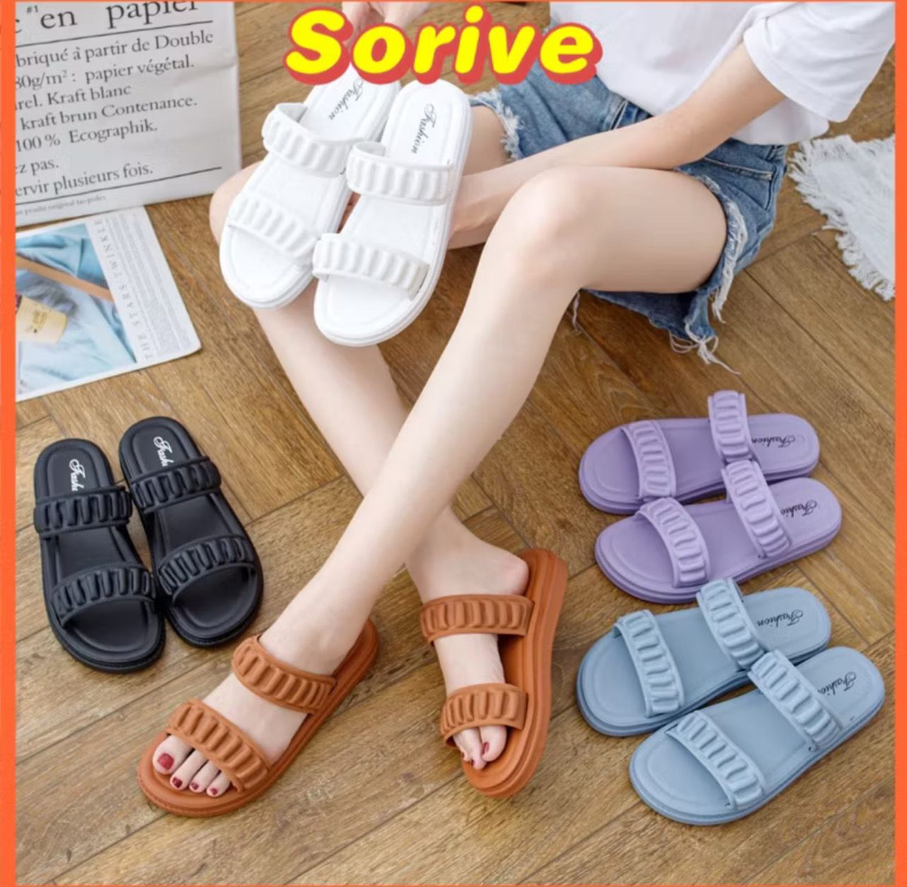 ￼READY STOCK Selipar Women Casual Slippers Black and White Summer Soft Sole Flip Flops Rainbow Colour Kasut Perempuan 2pair (2kiri/2kanan)