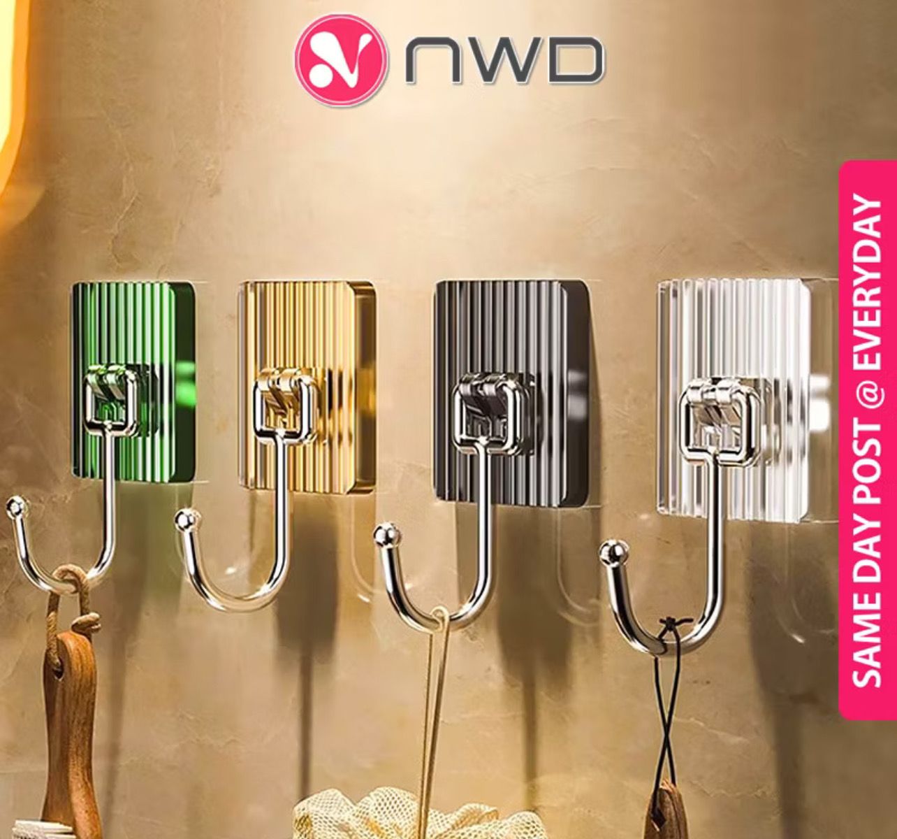 ￼《 𝗡𝗢𝗡 𝗧𝗥𝗔𝗖𝗘 》 Wall Hanging Hook Light Luxury Self Adhesive Stainless Steel Stick Hanger Bathroom Utilities Organizer 挂钩 15pcs