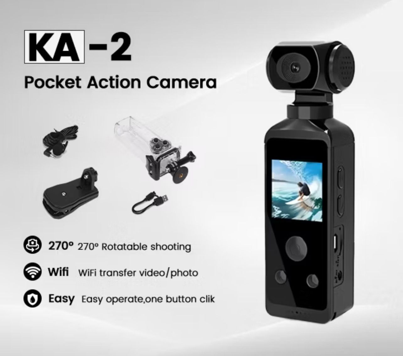 KiTBEEZ KA-2 Pocket WiFi Action Camera 4K Sports Diving Camera 270° Rotation Vlogging Video Recorder Motorcycle Camera with Waterproof Case