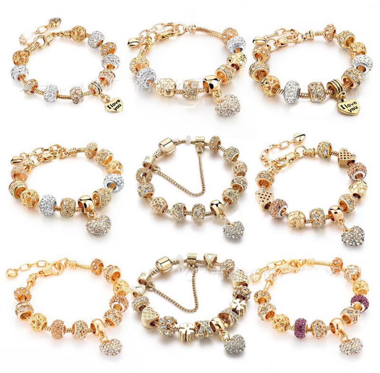 Golden New Style Full Diamond Heart Color Preservation Gold Plated Beaded Bracelet Women 2pcs