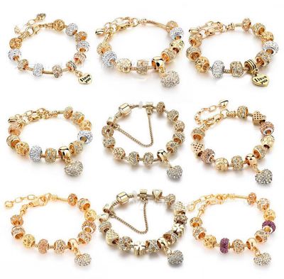 Golden New Style Full Diamond Heart Color Preservation Gold Plated Beaded Bracelet Women 2pcs