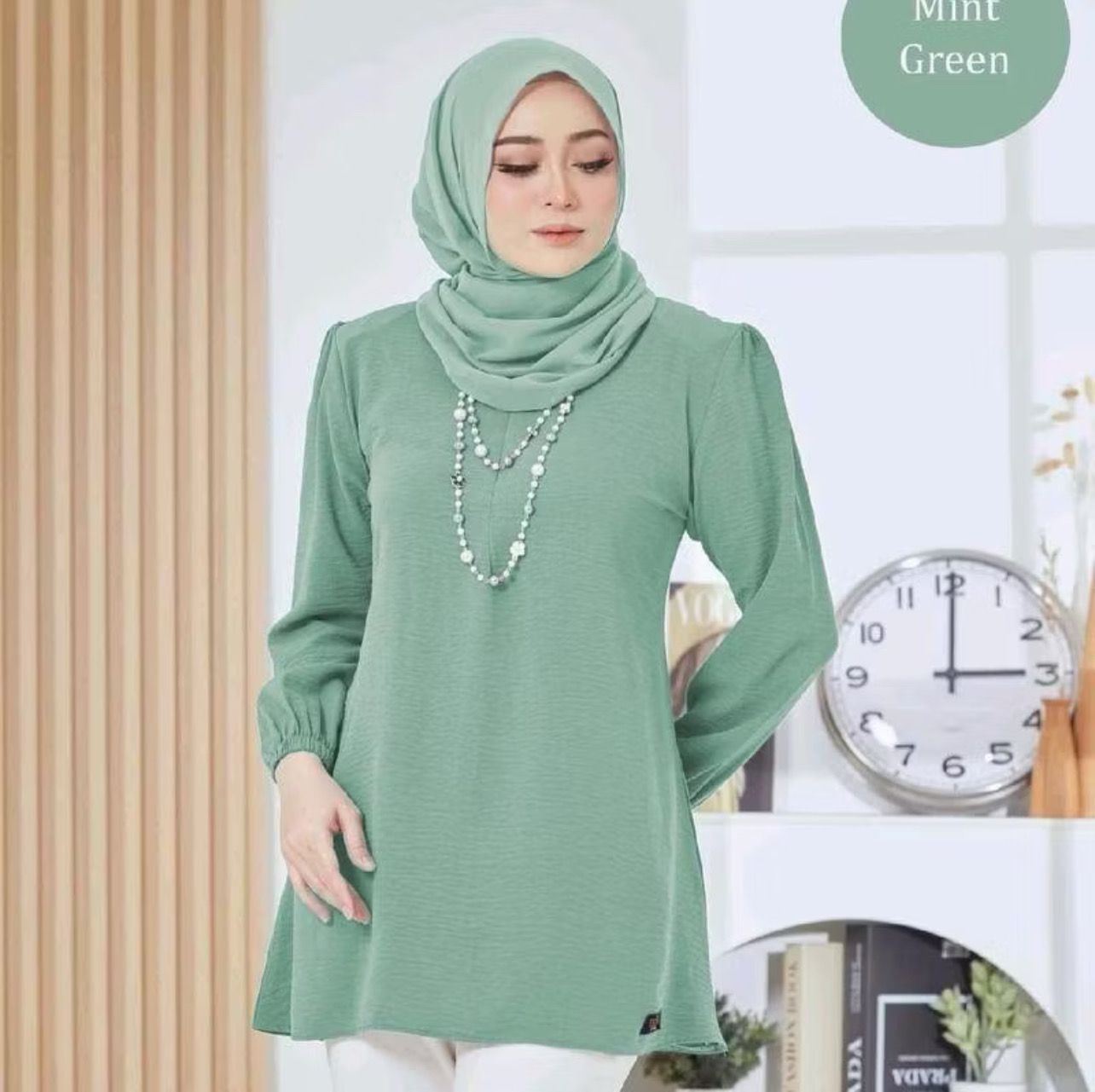 Blouse Puff shoulder Muslimah top With Front zip S to 3XL
