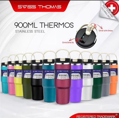 ￼304 Stainless Steel Handheld Thermos Insulated Tumbler Hot or Cold Thermos Cup Mug Water Bottle with Straw Handle 900ML