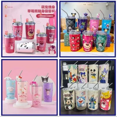 500ml草莓熊水杯高颜值不锈钢水杯吸管保冷/热咖啡杯办公室500ml strawberry bear water cup stainless steel water cup straw cold/hot coffee mug $10.00