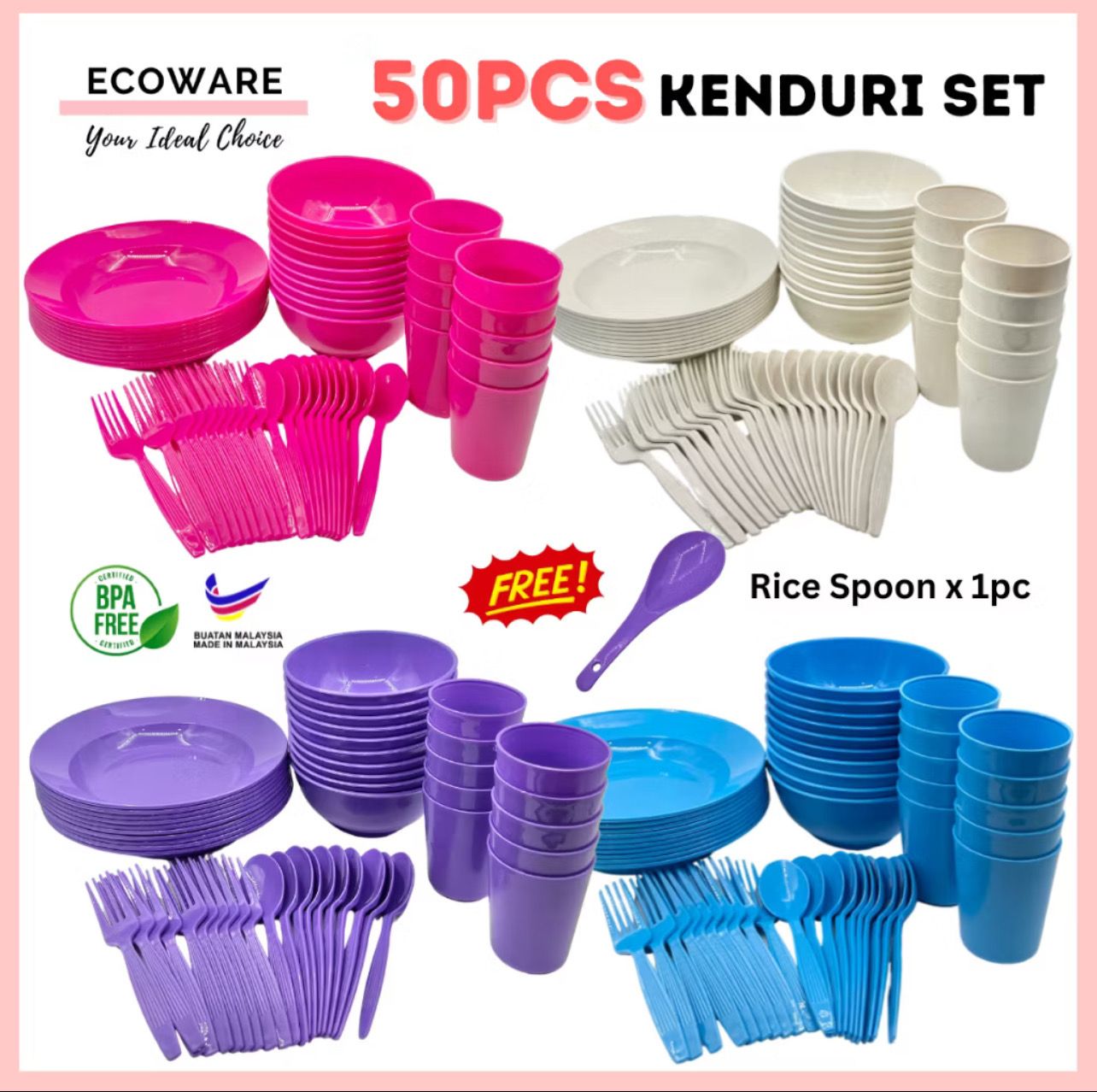 ECOWARE 50pcs Kenduri Set/ Party Set 50pcs/ Plastic Plates Cups Bowls Set/ High Quality Food Grade for Kenduri Banquet 1set $26.00