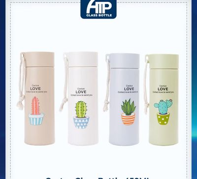 3pcs $10.00 - 450ml ATP Glass Bottle Cactus Design Insulated Tumbler Coffee Travel Mug Vacuum Insulated Glass Bottle Officer Worke