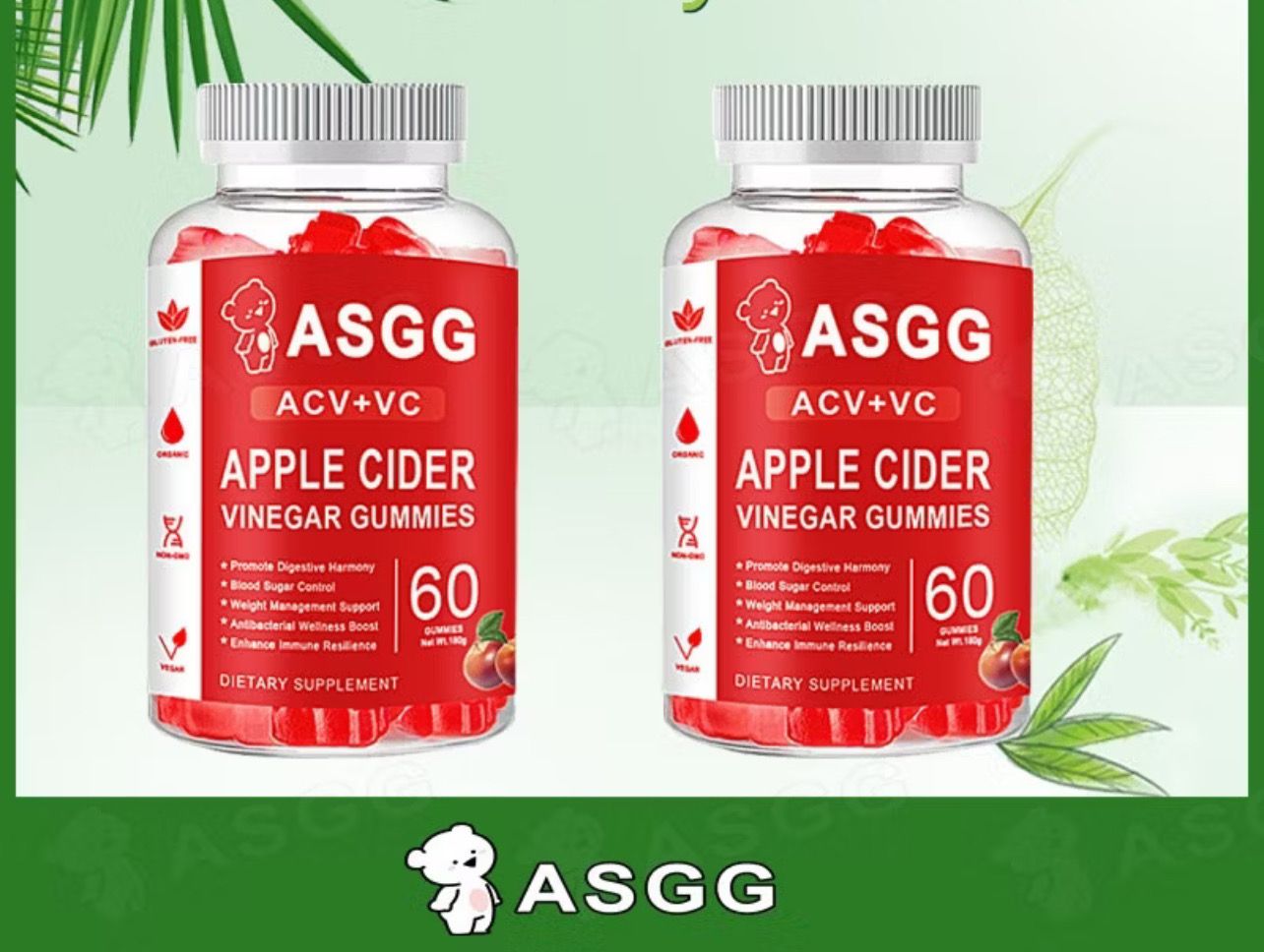 2bottle $18.00 (PROMO) ASGG Apple Cider Vinegar Gummies Fat Buster Detox For Weight Loss Slimming Apple Cider Gummy
