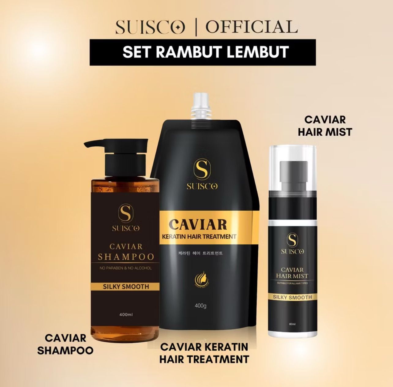 1 set 20.00 - SUISCO | Caviar Silky Smooth &amp; Hair Straightener Hair Care Set | Shampoo + Keratin Hair Treatment + Rebonding | Syampu