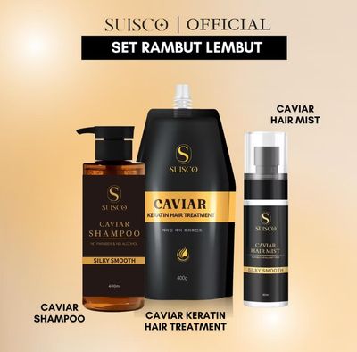 1 set 20.00 - SUISCO | Caviar Silky Smooth &amp; Hair Straightener Hair Care Set | Shampoo + Keratin Hair Treatment + Rebonding | Syampu