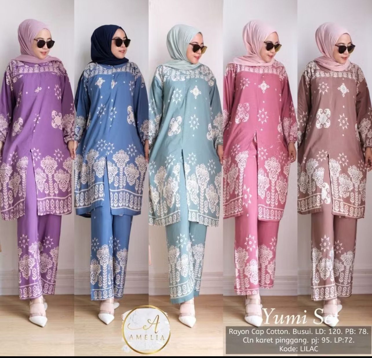 $15.00 ￼Yumi Rayon Suit Set Long Tunic LD 120 Motif Batik Cap Print Soft Color Cotton Rayon Tiedye Women&#39;s Suit