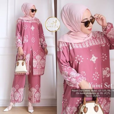 $15.00 ￼Yumi Rayon Suit Set Long Tunic LD 120 Motif Batik Cap Print Soft Color Cotton Rayon Tiedye Women&#39;s Suit