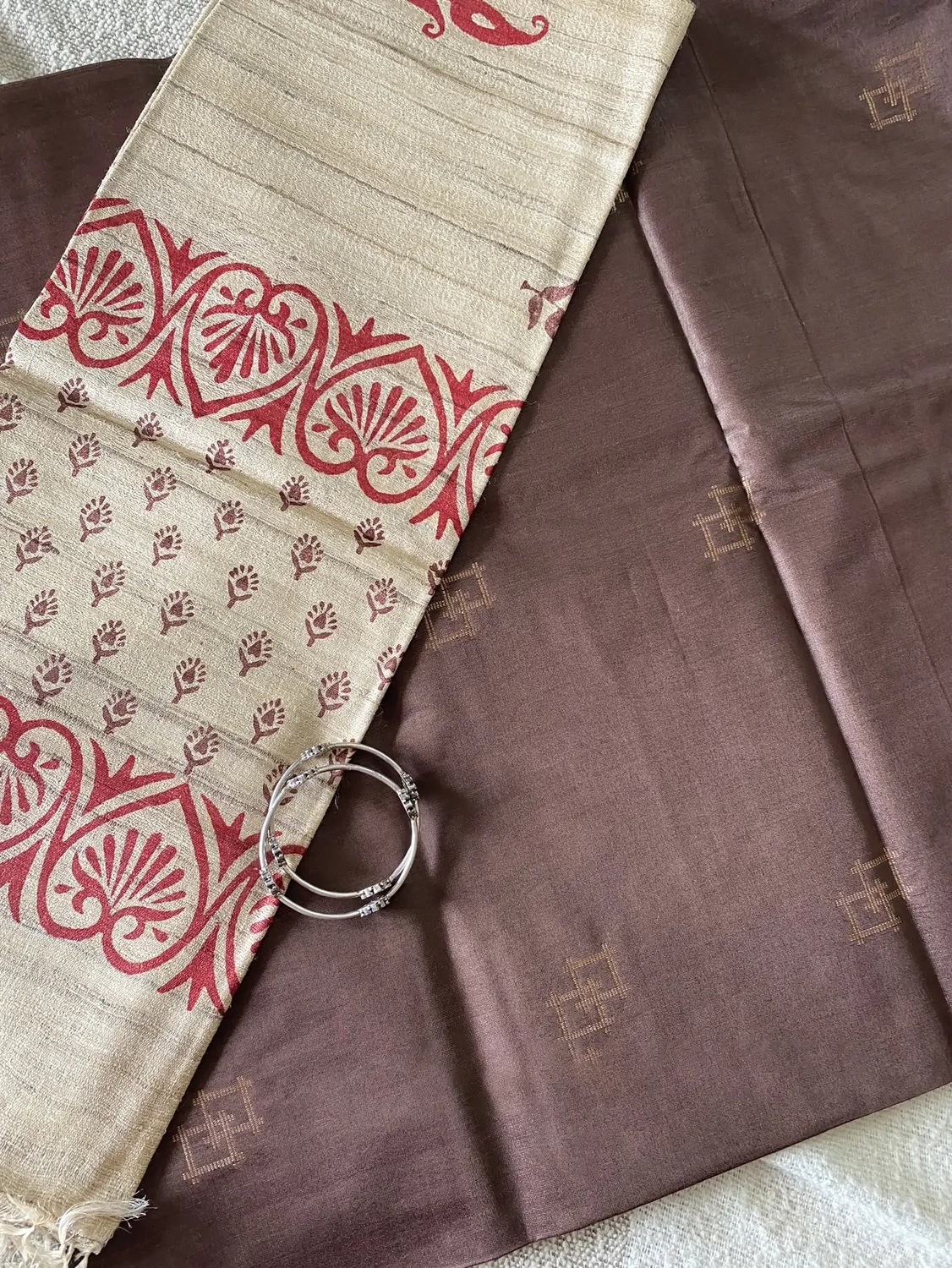 Brown Kurta with Raw Kosa silk Dupatta Set