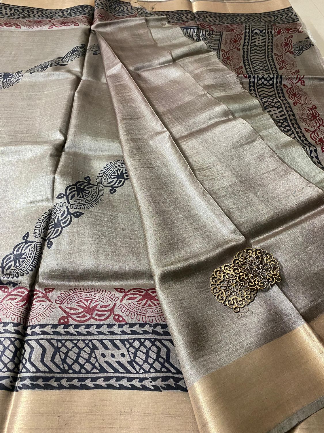 Cadet gray printed silk saree