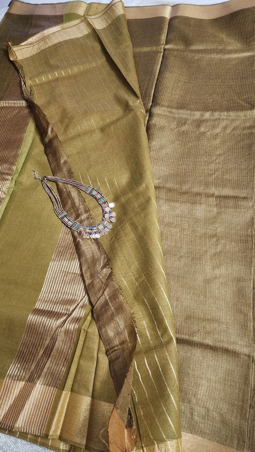 Olive green saree with golden stripe border
