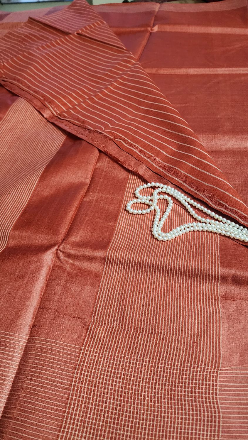 Bronze red silk saree with stripe blouse