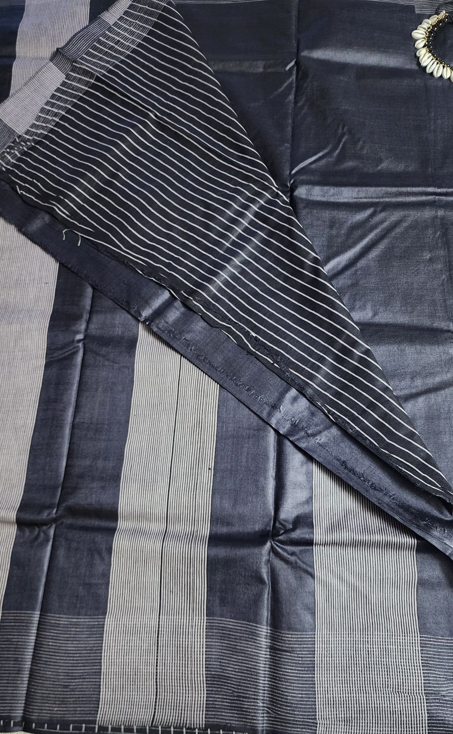 Charcoal black silk saree with stripe border