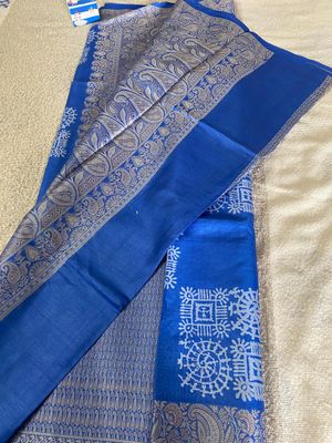 Royal Blue block print saree with resham border