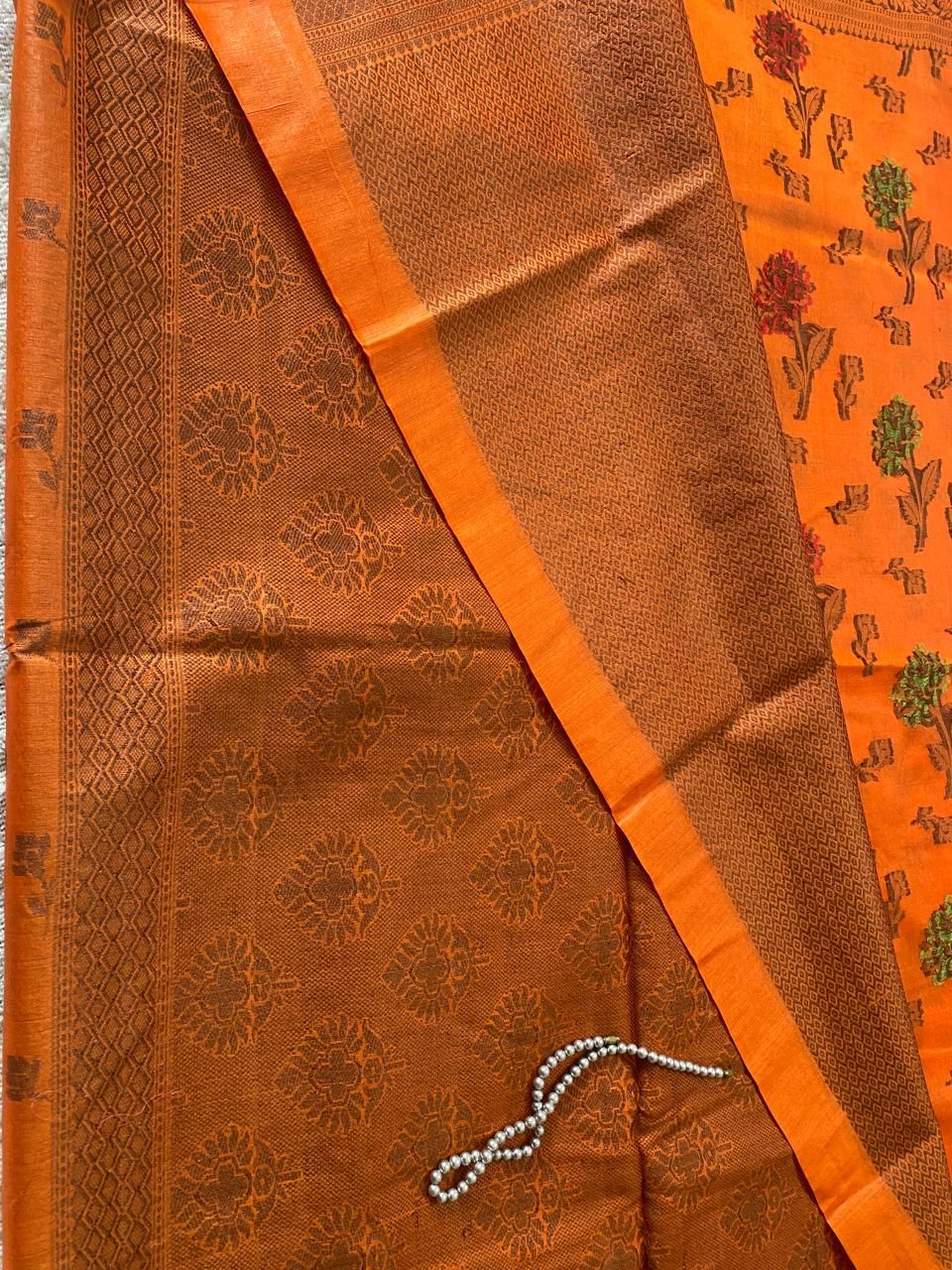 Neon Orange copper printed Kosa saree