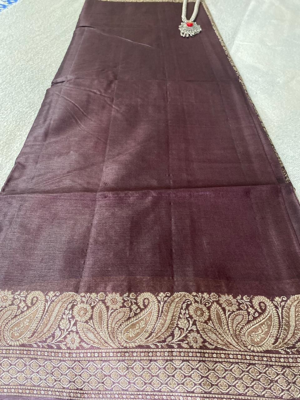 Mocha brown kosa silk saree with traditional border