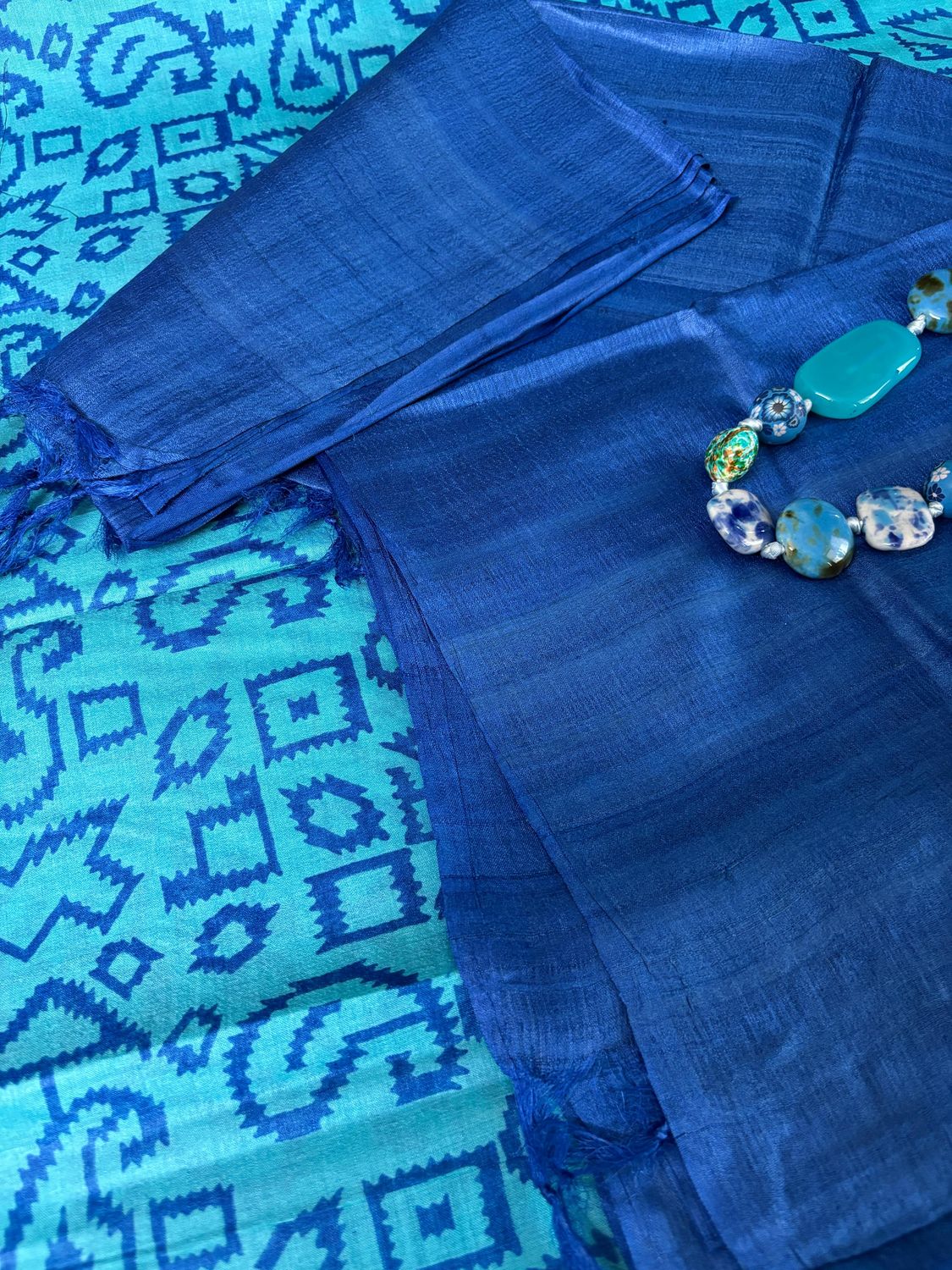 Sky blue printed kurta with solid silk dupatta