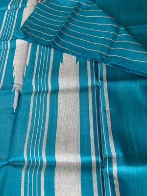 Cerulean Blue silk with beige peacock temple border