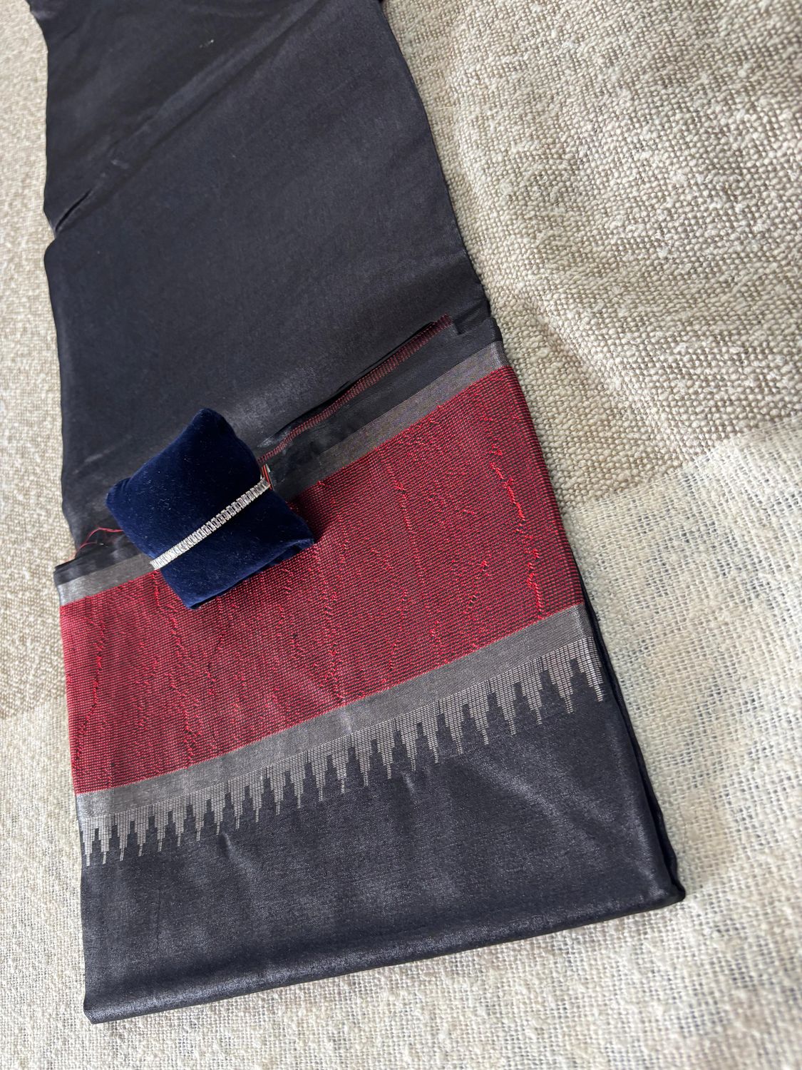 Regal Charcoal Black Kosa Silk Saree with Red Temple Border