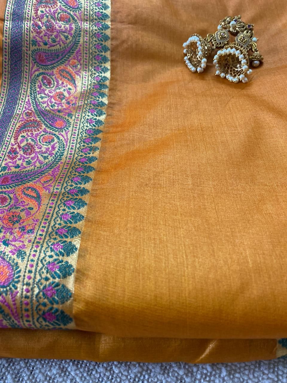 Tangerine Orange with colorful border paper kosa saree