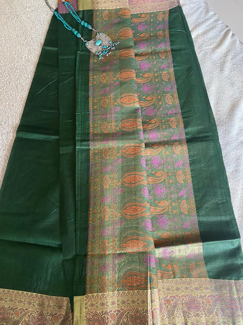 Pine Green with colorful border paper kosa saree