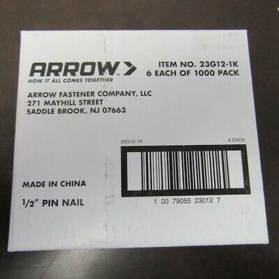 PACK OF 6000 ARROW 23G12-1K 1/2" PIN NAIL