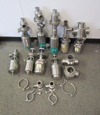 LOT OF 9 TRI-CLOVER, WAUKESHA KOSS AIR- ACTUATED STAINLESS VALVES LOT OF 9 TRI-CLOVER, WAUKESHA KOSS AIR- ACTUATED STAINLESS VALVES