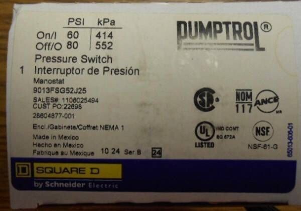 SQUARE D 9013FSG52J25 Pressure Switch NEW FACTORY BOX