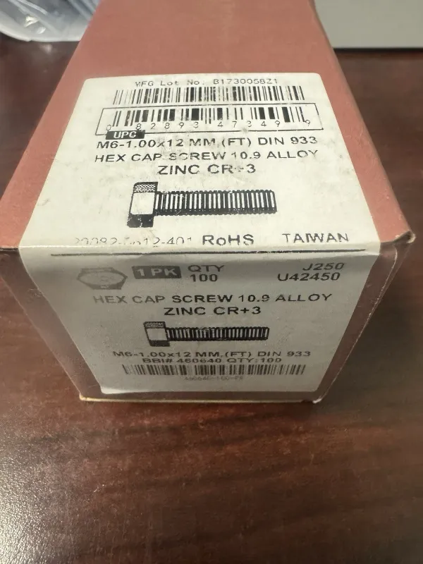 Box of 100 M6-1.00 x 12mm DIN 933 Hex Cap Screw – Class 10.9 Alloy Steel, Zinc C