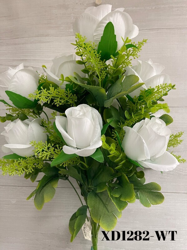 Closed Rose Bush w/ Greenery X12 - WH