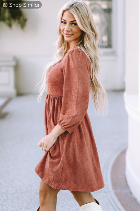 BROWN SUEDE SQUARE NECK PUFF SLEEVE DRESS