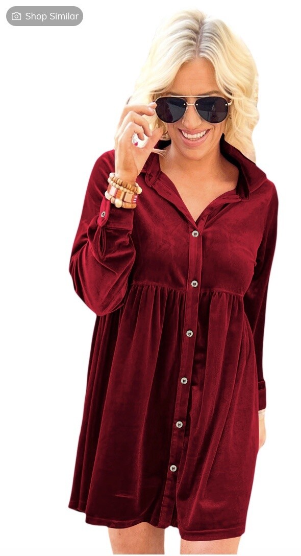 FIERY RED LONG SLEEVE RUFFLE VELVET BUTTON UP DRESS