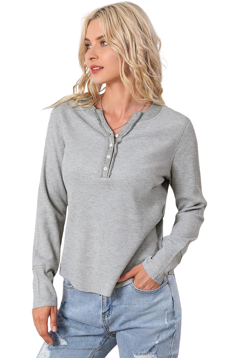 Gray Trimmed Neckline Waffle Knit Henley Top