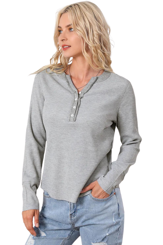 Gray Trimmed Neckline Waffle Knit Henley Top