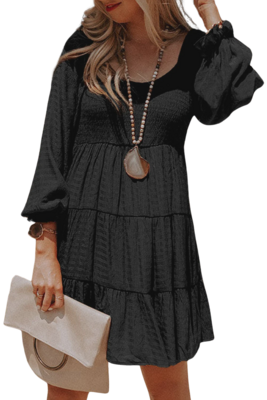 Bishop Sleeve Smocked Black Tiered Mini Dress