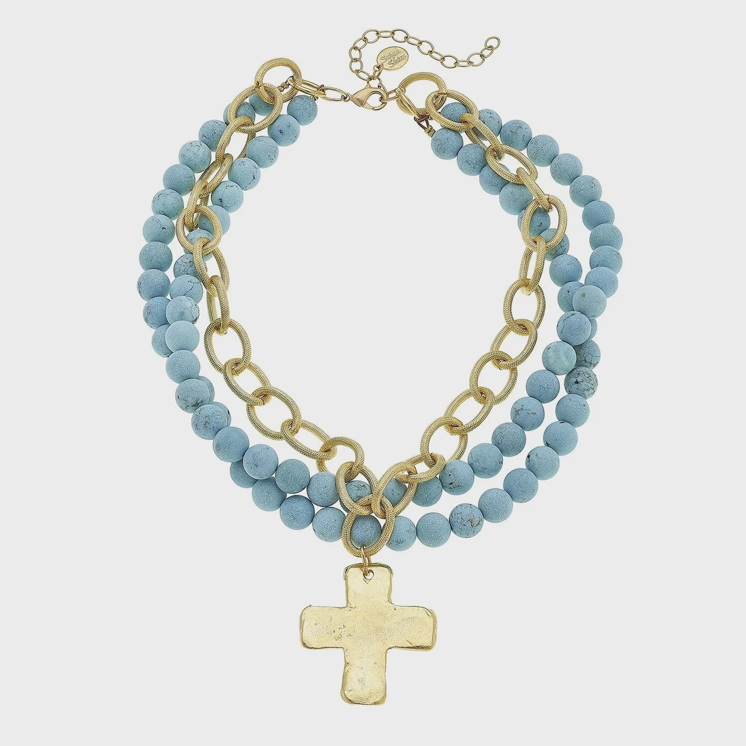GOLD CROSS &amp; 3 ROW MATTE TURQUOISE NECKLACE
