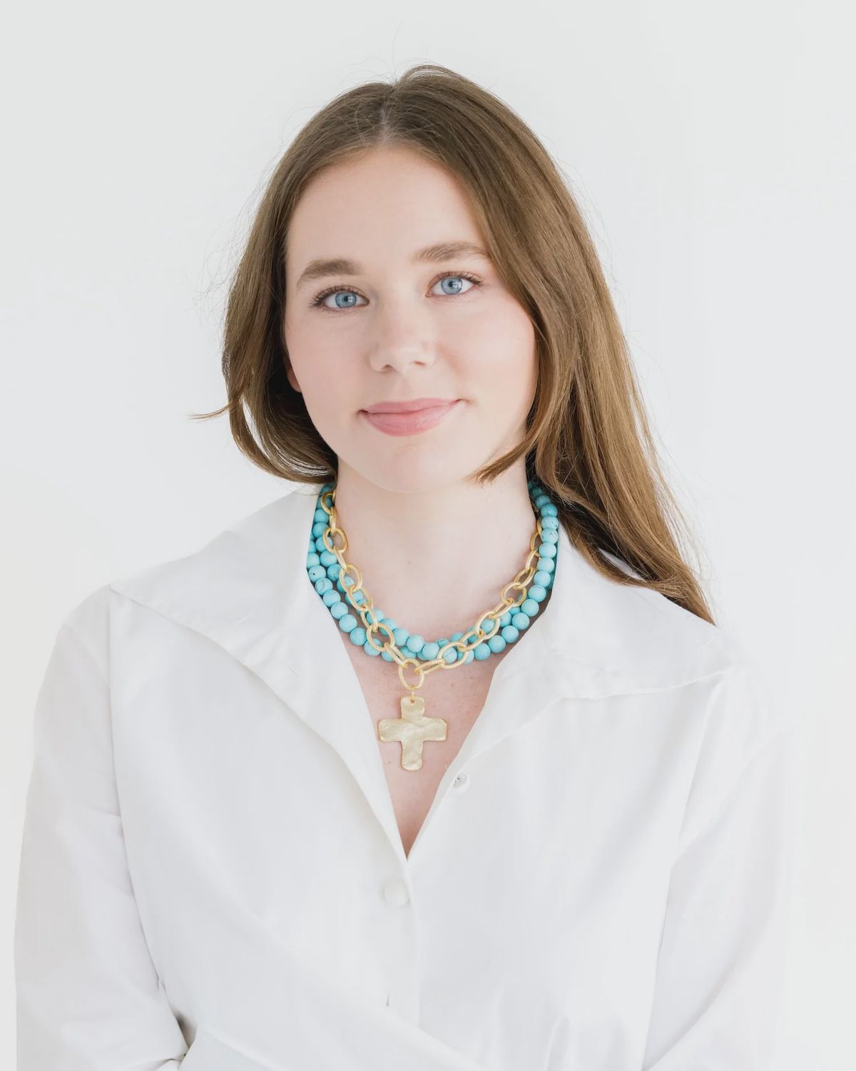 GOLD CROSS &amp; 3 ROW MATTE TURQUOISE NECKLACE