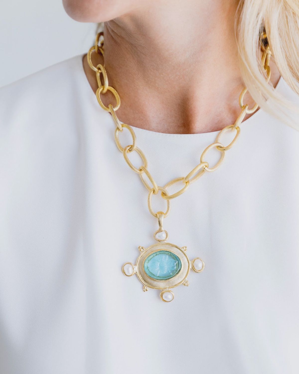 AQUA VENETIAN GLASS PEARL CHAIN NECKLACE