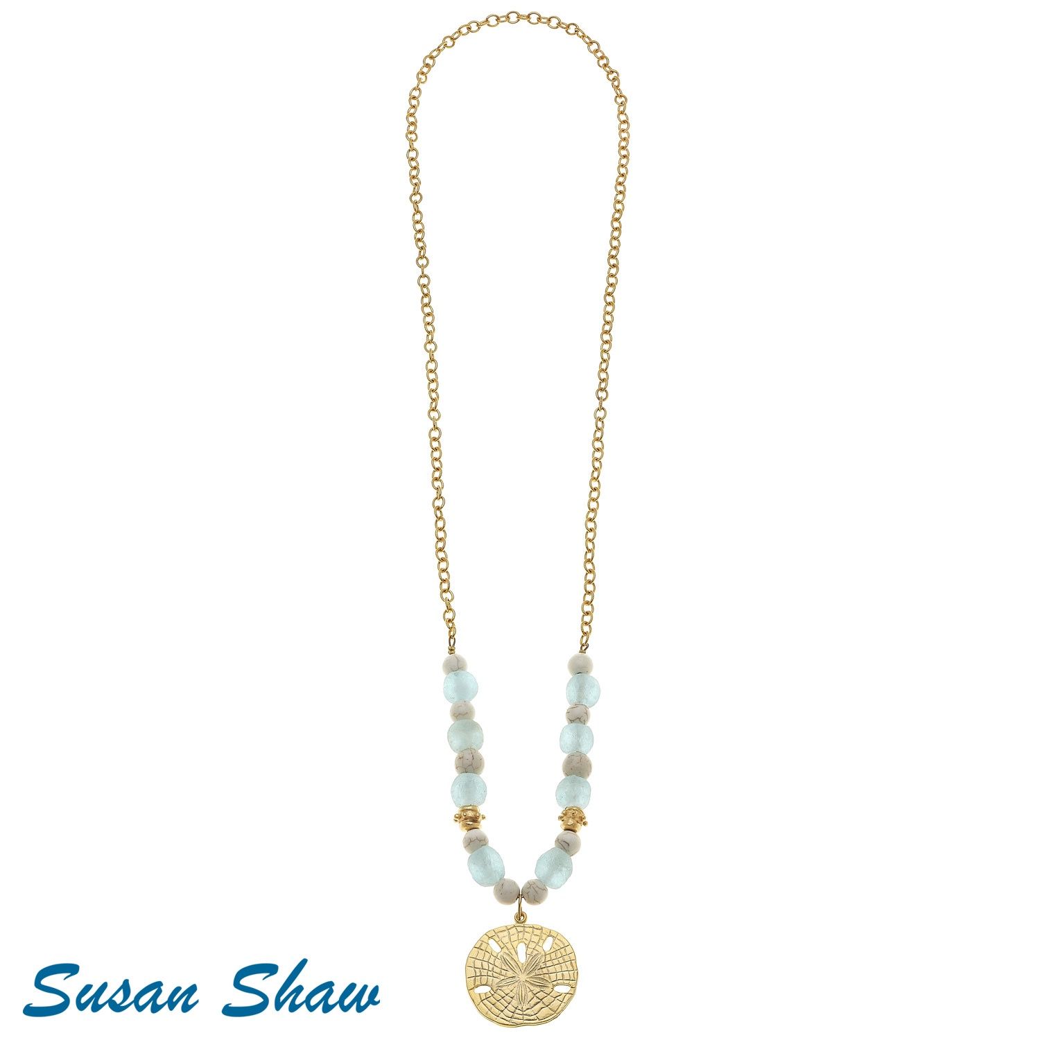 GOLD 36” SANDOLLAR AQUA SEAGLASS NECKLACE