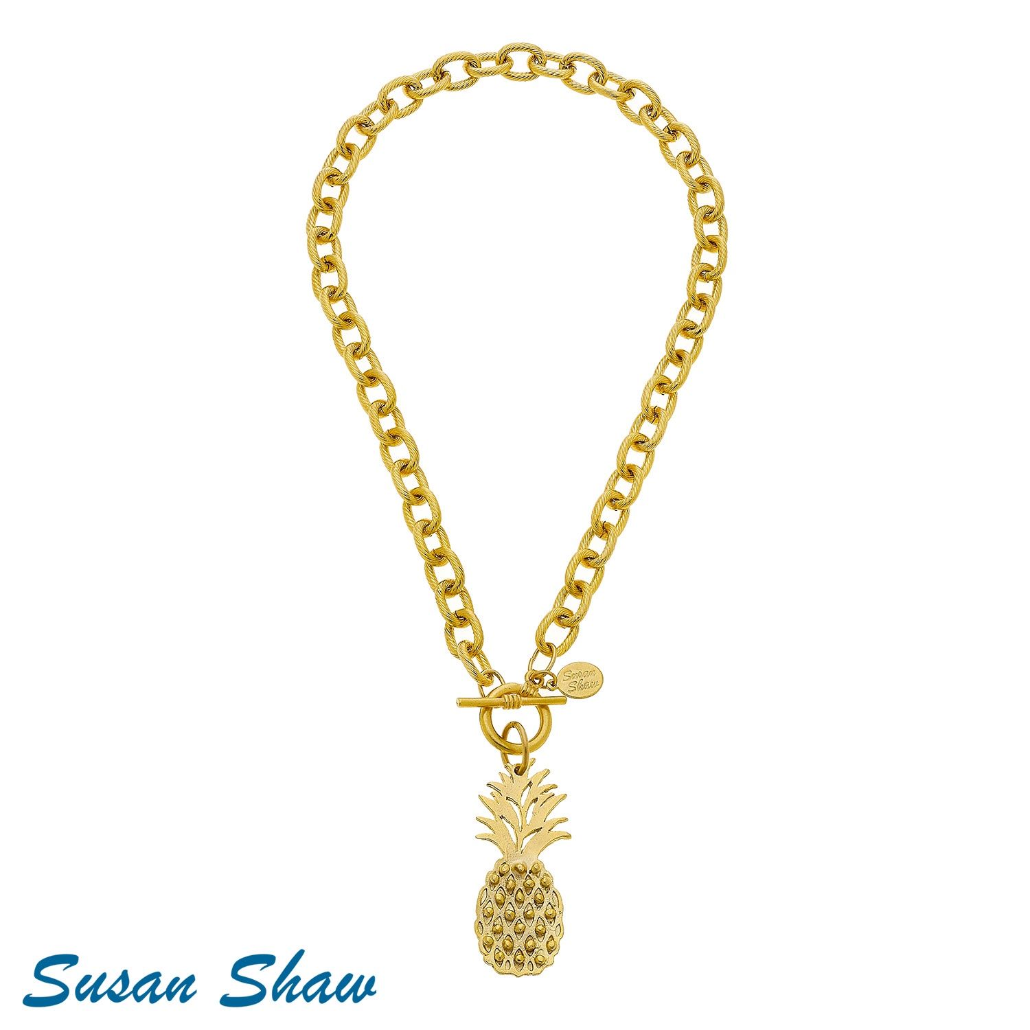 Hand Cast Gold Pineapple and Toggle Chain Necklace