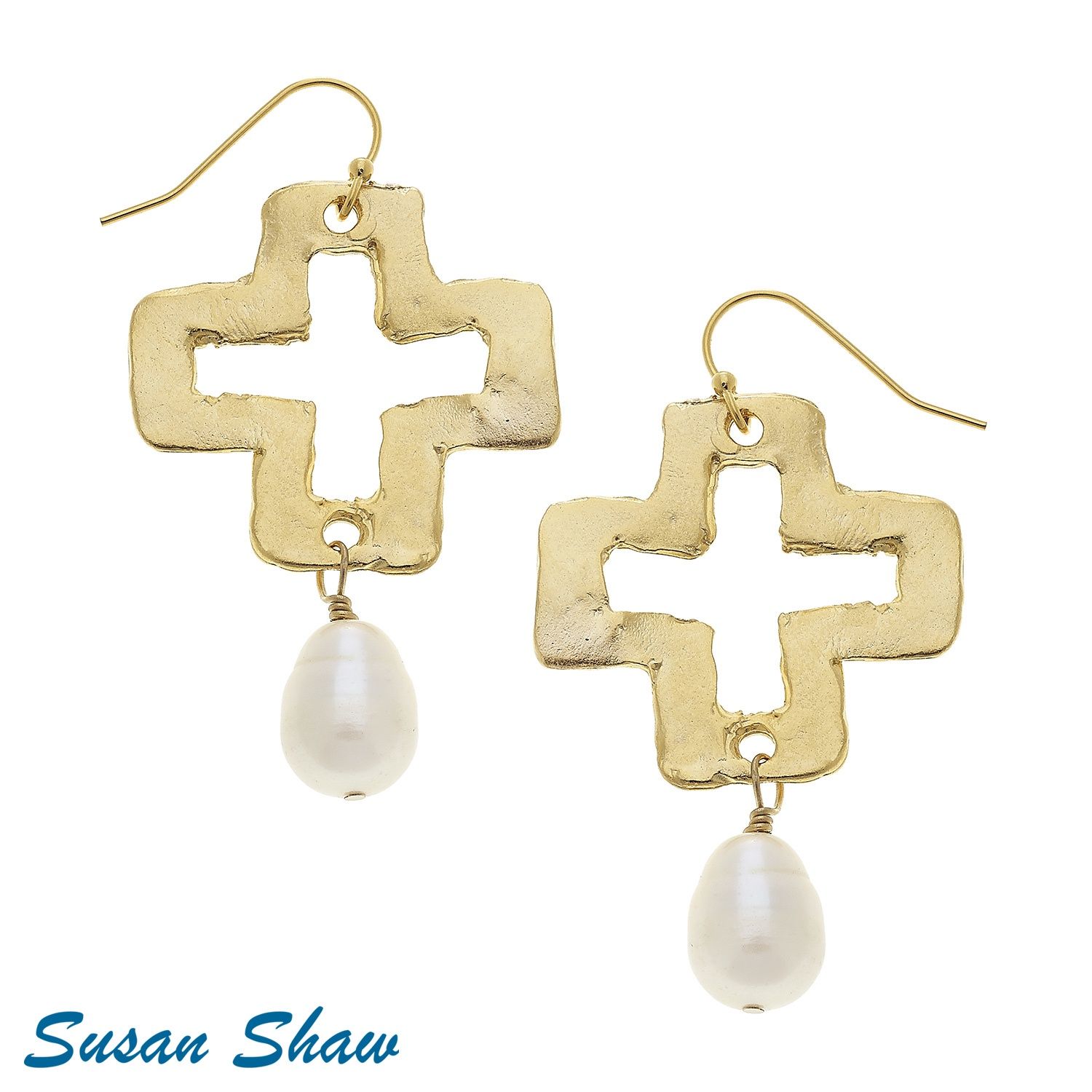 GOLD OPEN CROSS PEARL EARRINGS