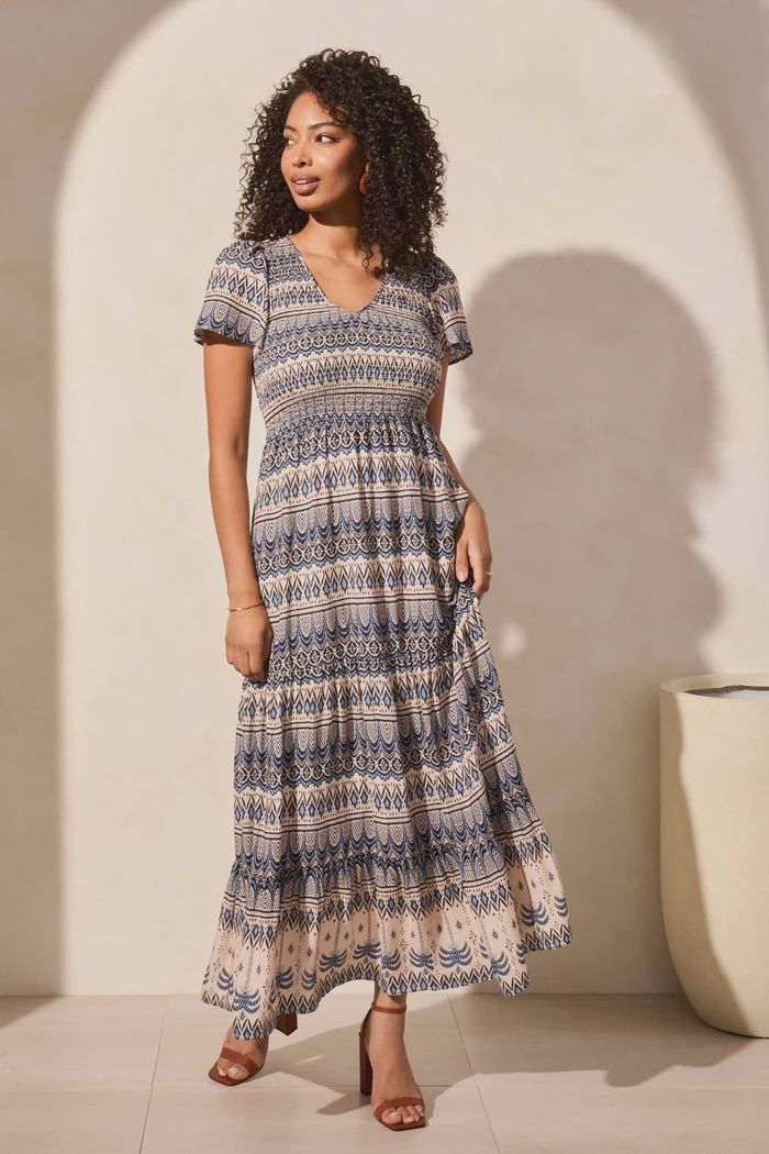 TRIBAL LINED S/S RUCHED TOP MAXI DRESS