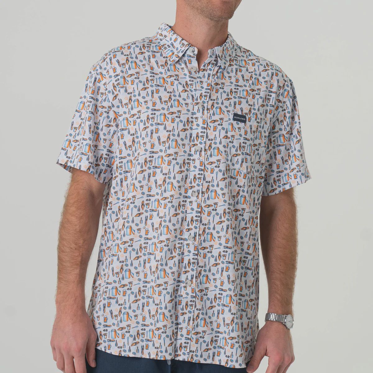 BURLEBO PERFORMANCE BUTTON UP, Color/ Pattern: CRAWFISH BOIL, Size: S