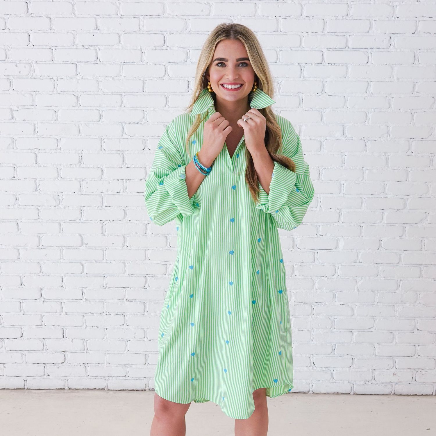 CARYN LAWN PREPPY DRESS GREEN STRIPE WITH HEARTS