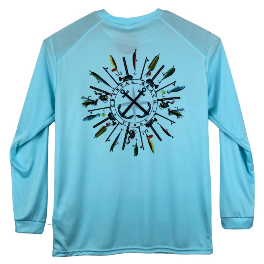 FISHING LURES CB -LONG SLEEVE UV X DRI TEE - AQUA BLUE TX810 CRYSTAL BEACH, TEXAS 1838
