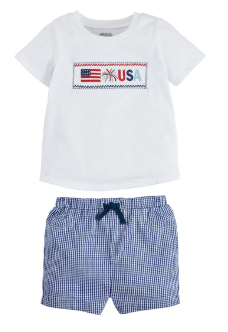Mud Pie Flag Smocked Tee Short Set, Size: S