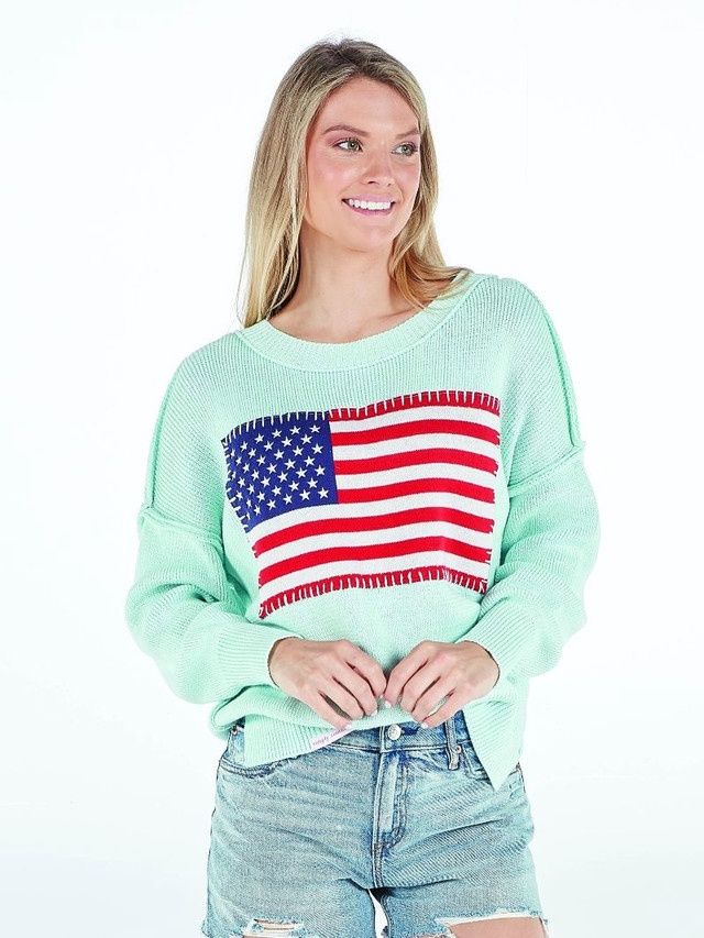 SIMPLY SOUTHERN USA SWEATER, Color: SEAFOAM, Size: S